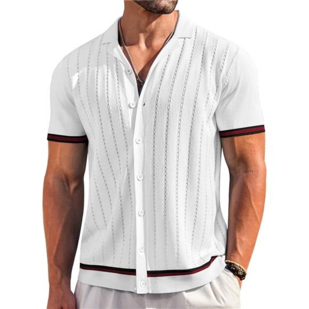 Men's Short Sleeve Knit Shirt Casual Button Down Shirt Vintage Striped